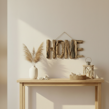 Rustic driftwood-style 'HOME' wall sign hanging above a light wood console table in a softly lit interior. A white vase with pampas grass, small shells, and a lantern sit on the table.