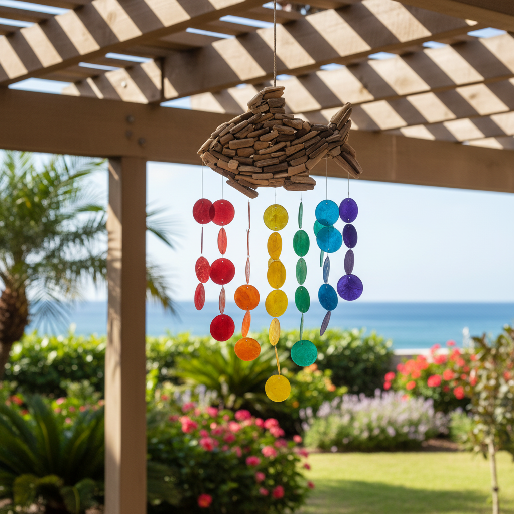 A fish-shaped wind chime made of natural wood hangs under a wooden pergola, with colorful circular discs in red, orange, yellow, green, blue, and purple hanging below. The background shows a blurred garden and ocean view.