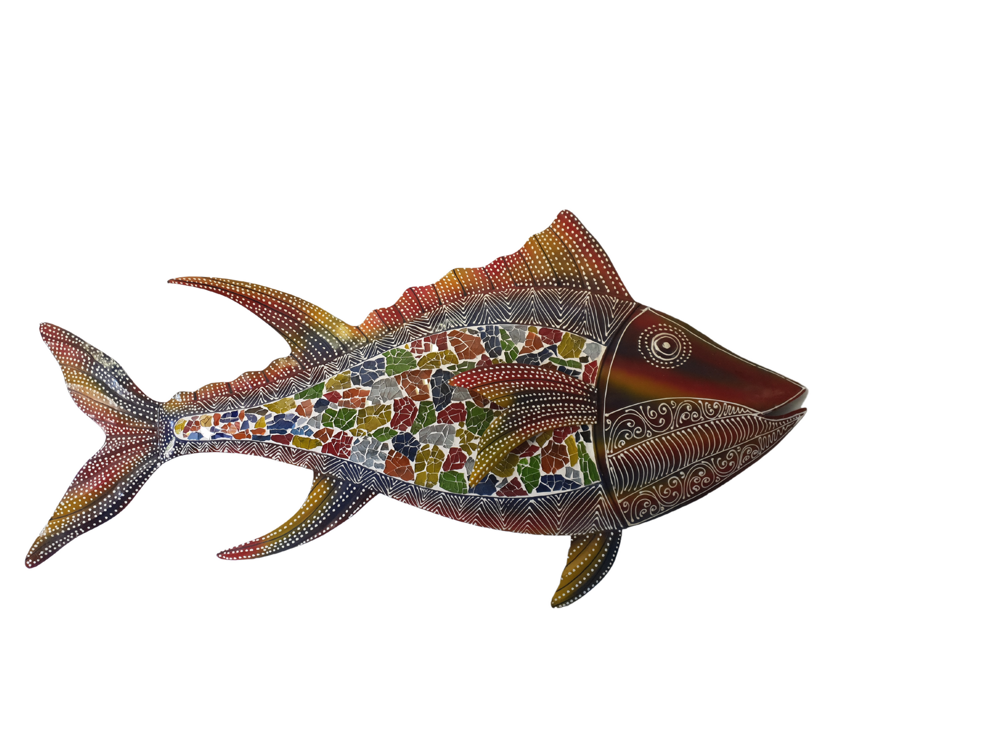 Decorative fish wall art with mosaic pattern on a white background