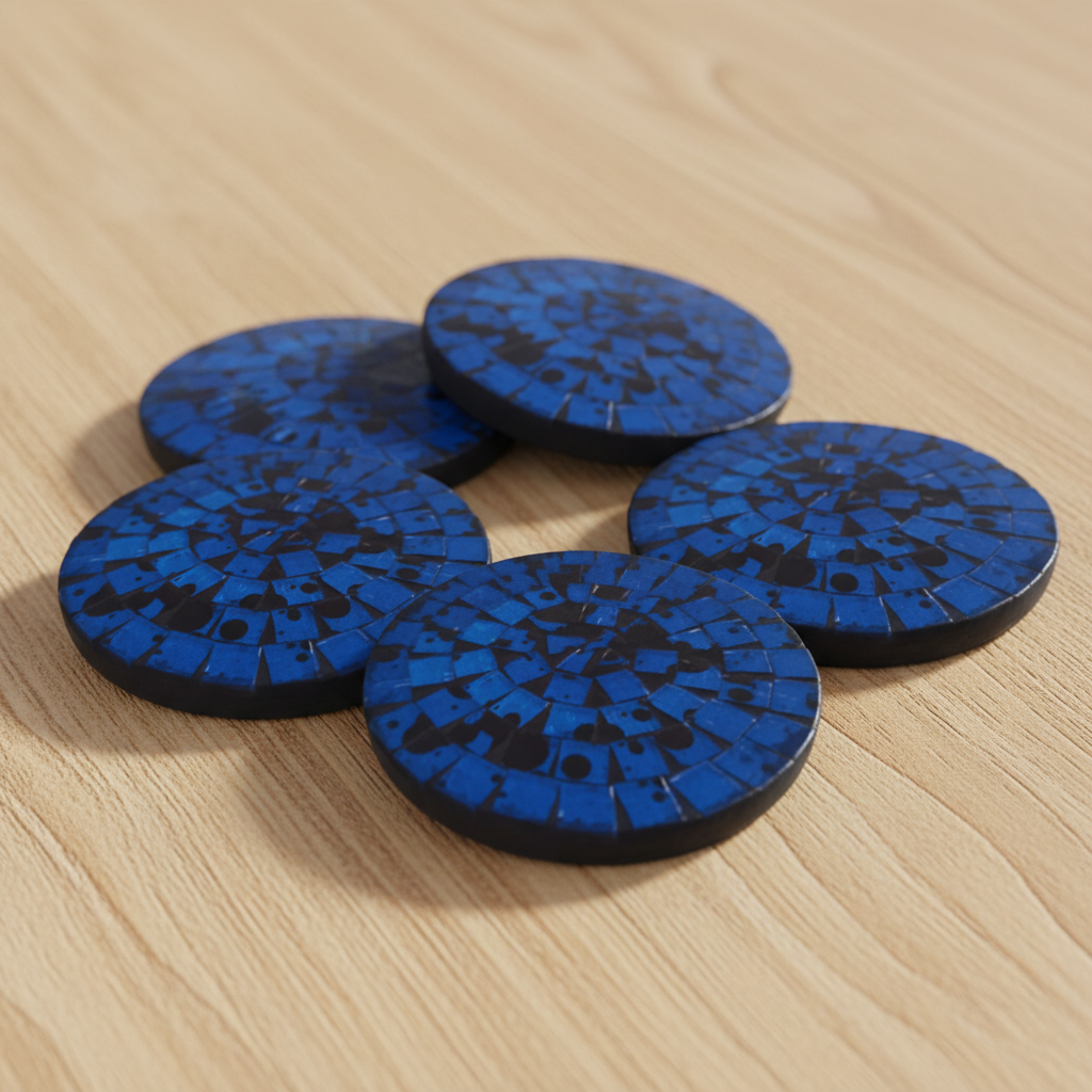 Five round with deep cobalt blue irregular tile pattern on a black plaster base, arranged in a cluster style 10