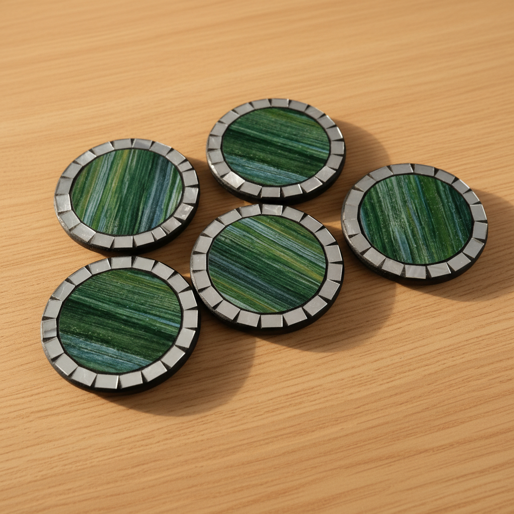 Five handcrafted drink coasters with a deep forest green brushstroke centre tile and silver rectangular border tiles on a black base