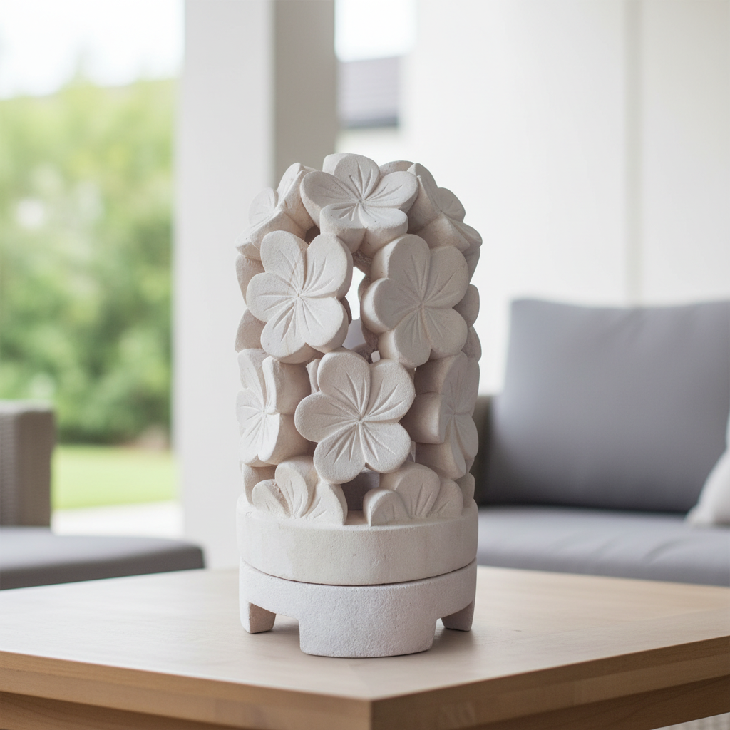 A decorative lamp shaped like a cluster of plumeria flowers, displayed on a light wood table in a modern living room setting.
