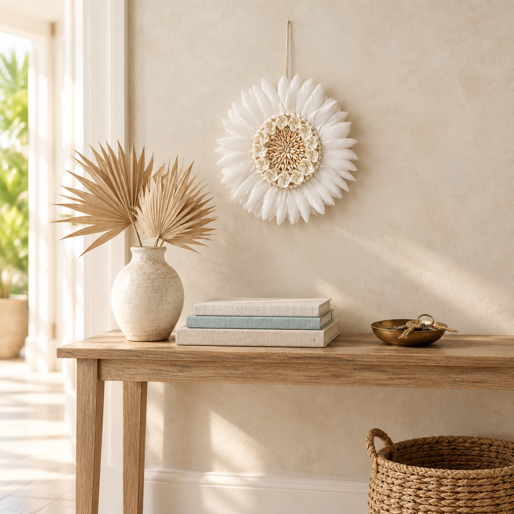 White feather and shell wall hanging above a slim timber console with dried palm in a ceramic vase and a woven basket.