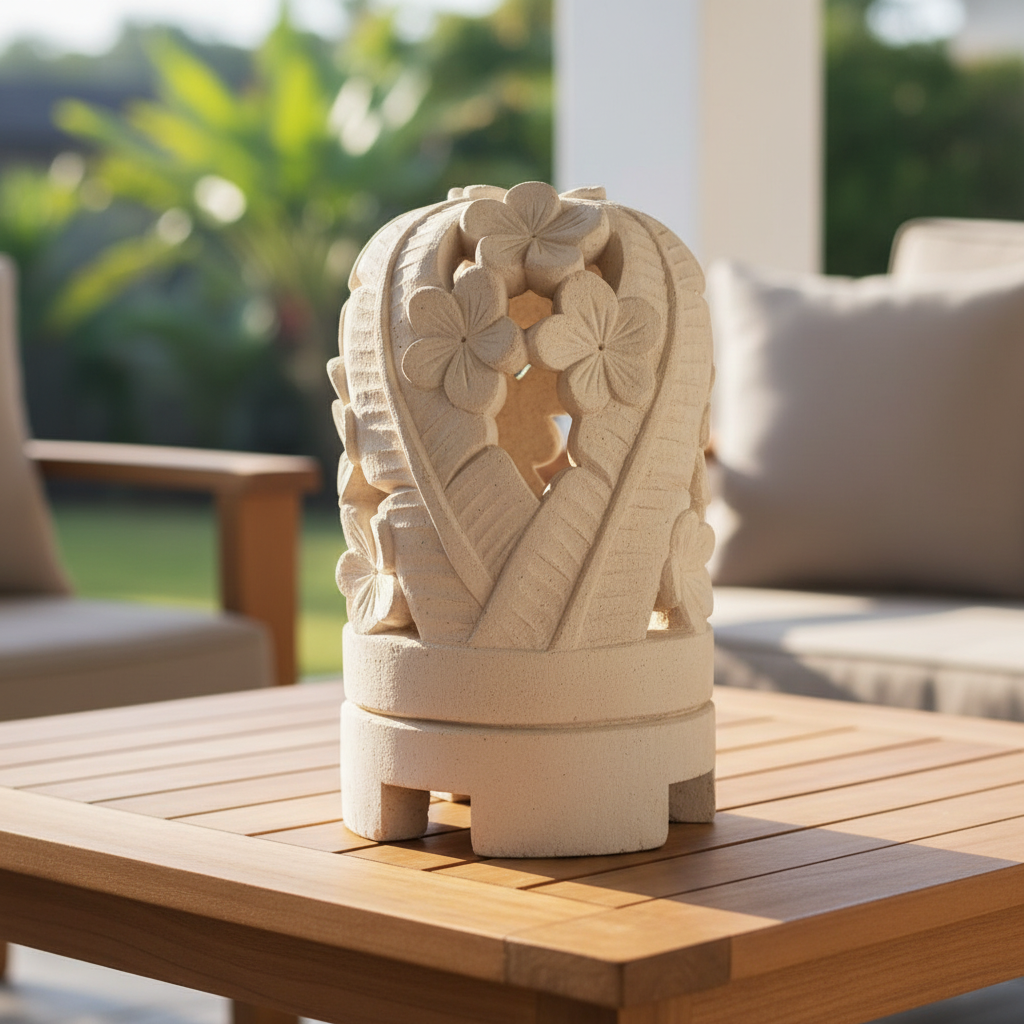 Hand-carved stone ornament displayed on a timber patio table in warm morning light