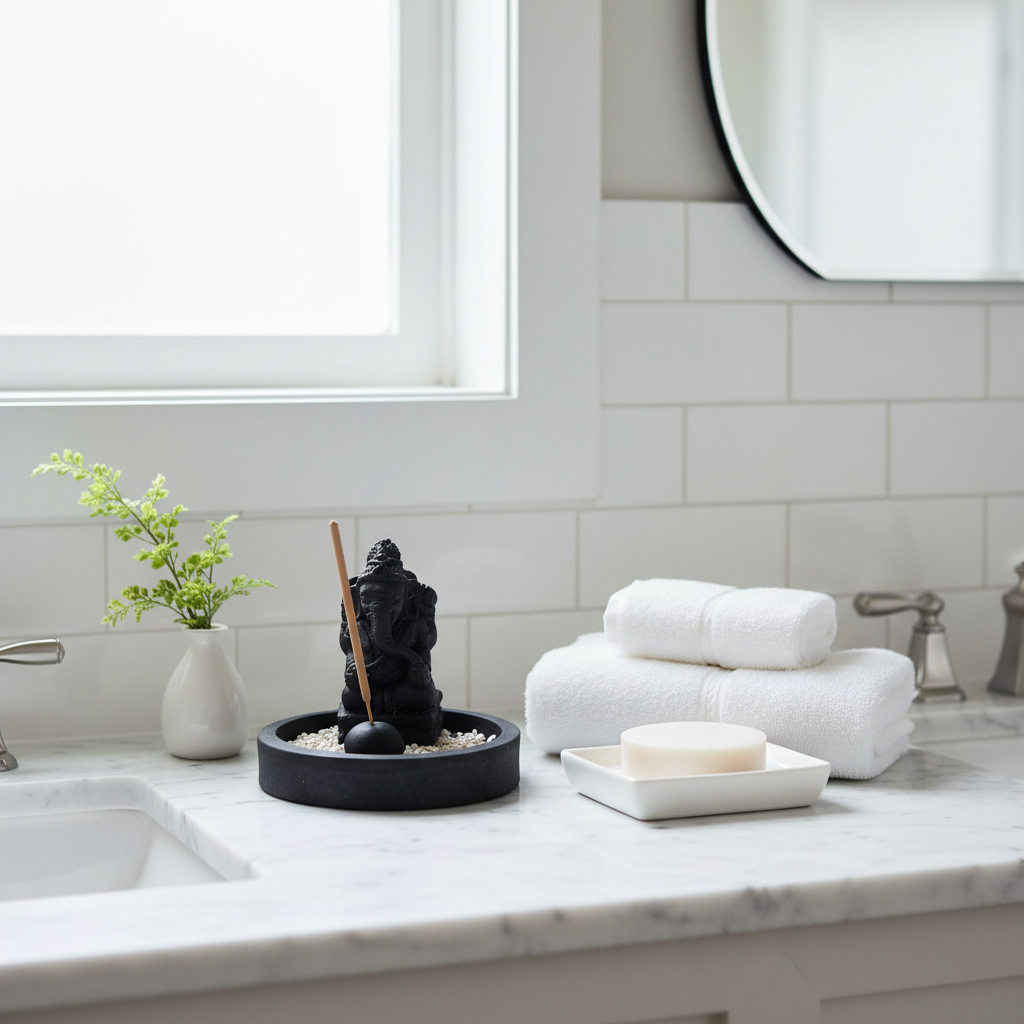 A bathroom vanity scene with a black zen-style figurine incense holder  in a round tray, white towels, a soap dish with a bar of soap, a small vase with greenery, and a marble countertop against a white tiled wall.