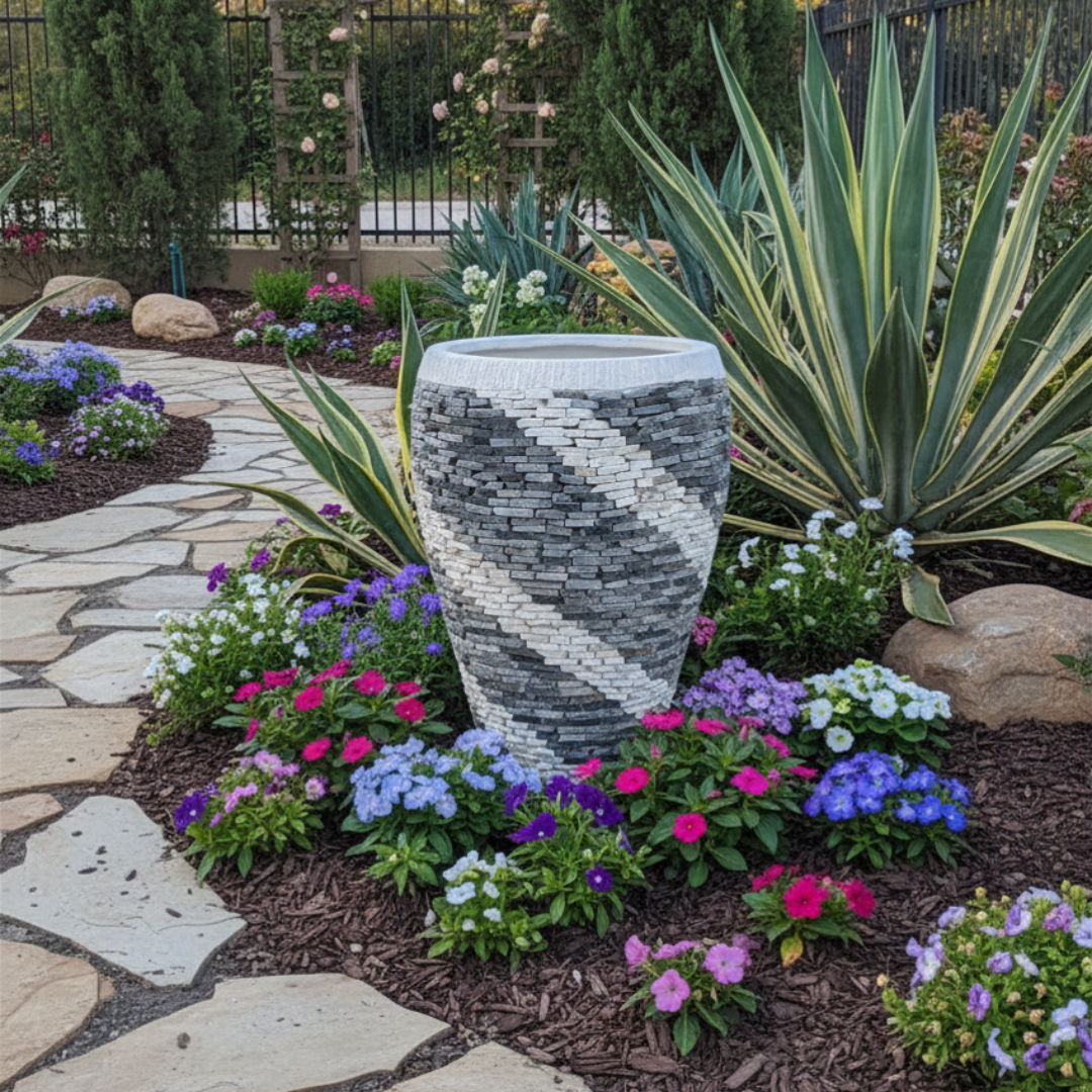 Marble and pebble Balinese style garden pot styled as a garden feature surrounded by colourful flowering plants, agave, a stone pathway, and mulched garden beds