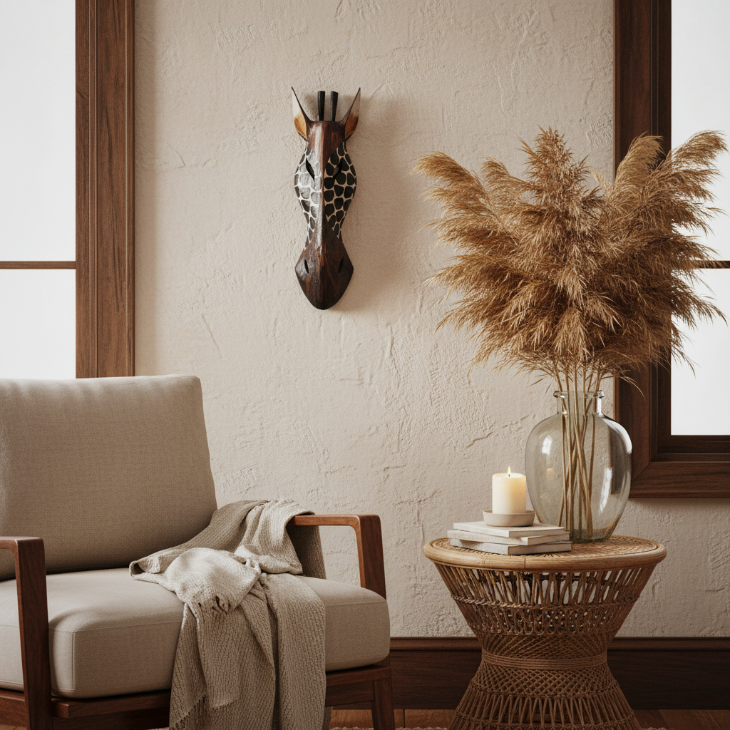 Dark Giraffe Mask Wooden Wall Art on a warm sandy wall in a coastal boho living room