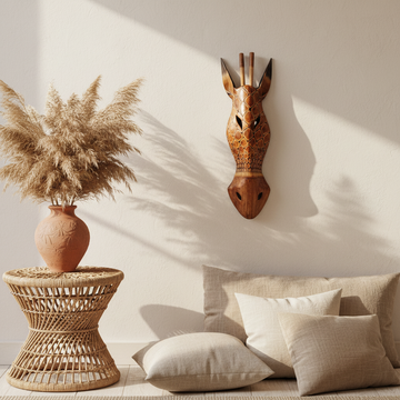 Giraffe Mask Wall Art African Style mounted on a white textured wall styled with rattan, pampas grass and linen cushions in a coastal living room