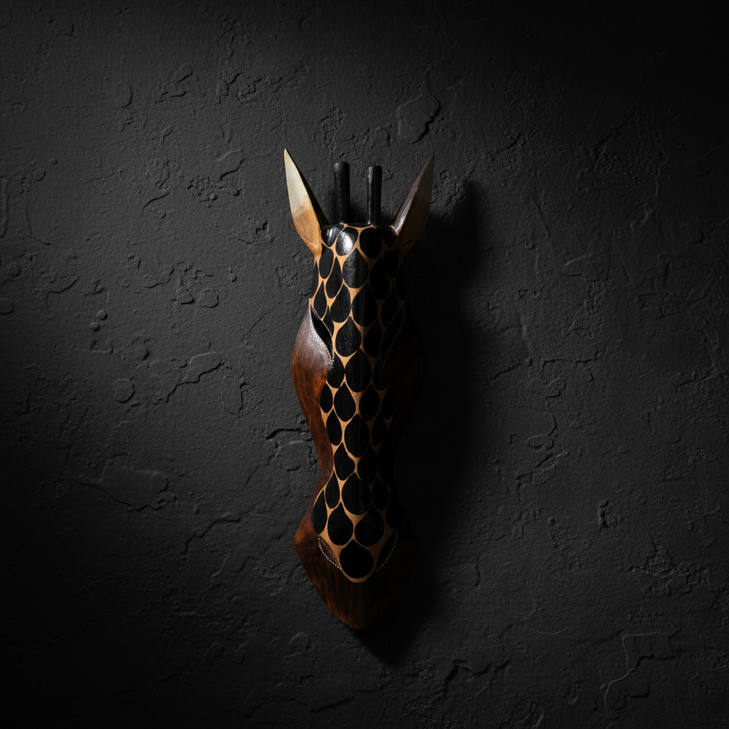 A carved wooden giraffe head wall hook with black painted details, mounted on a dark textured wall.