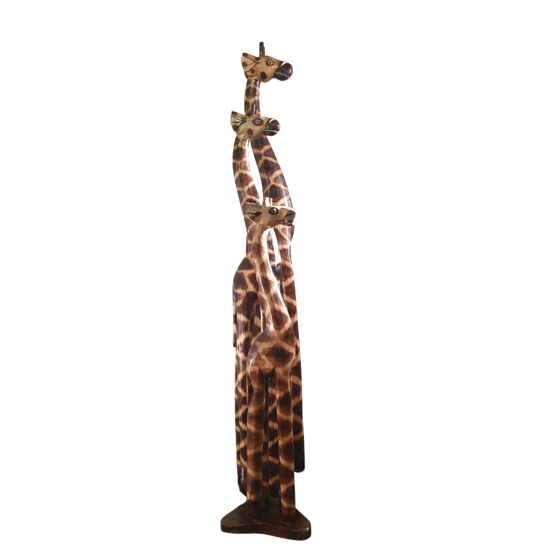 set of 3 wooden giraffes in a side shot range by size small medium and large 