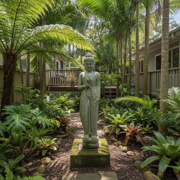 Standing stone Buddha statue in a lush tropical garden courtyard surrounded by ferns, palms and coastal Australian plants in dappled sunlight