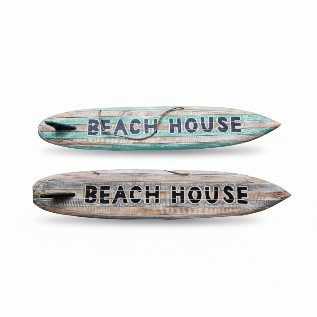 Two rustic surfboard-shaped wall signs reading "BEACH HOUSE" are shown on a white background, one with distressed turquoise and wood stripes, and one with weathered gray and wood stripes.