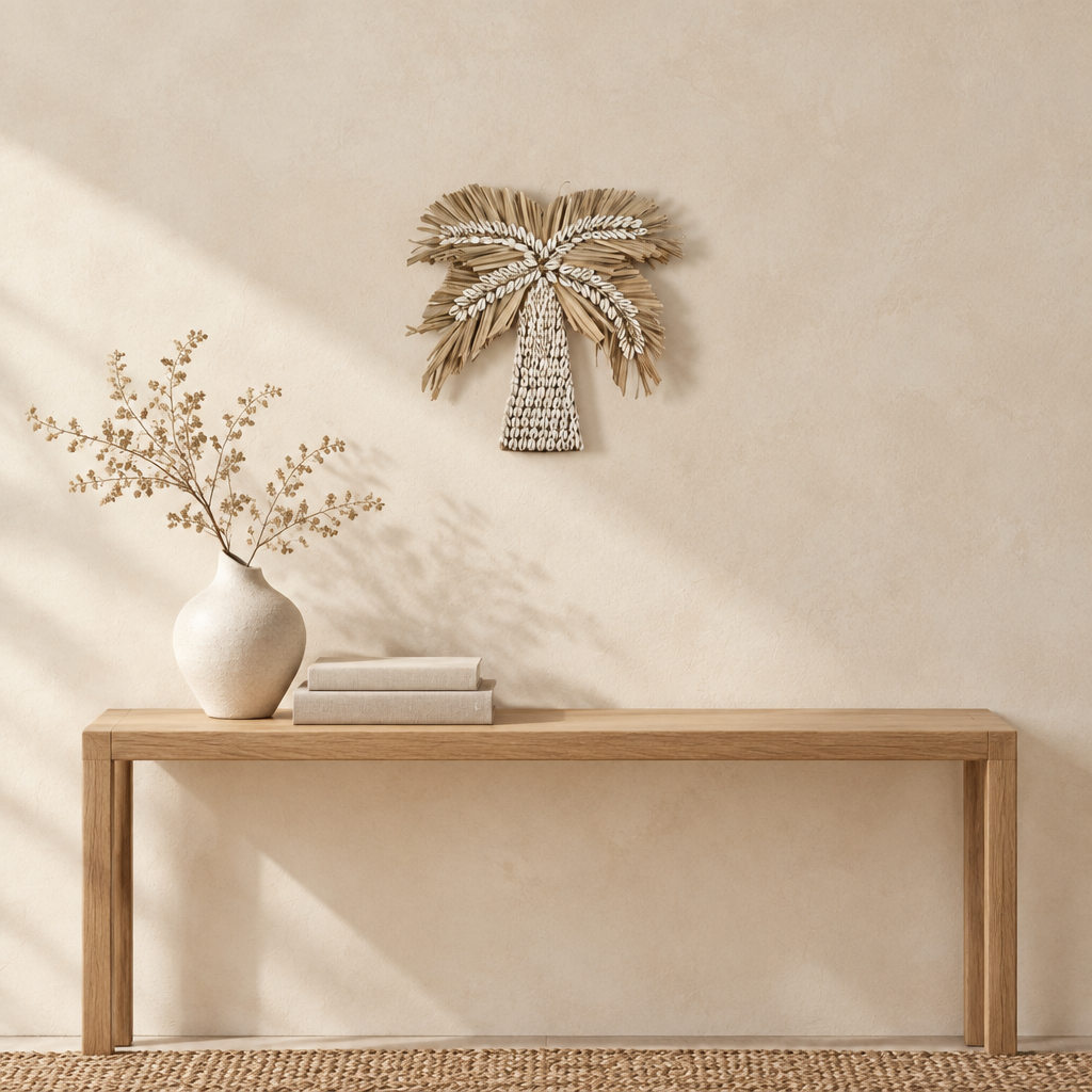 Medium shell and raffia decoration displayed above a natural timber console in a warm neutral interior, 30 × 30 cm