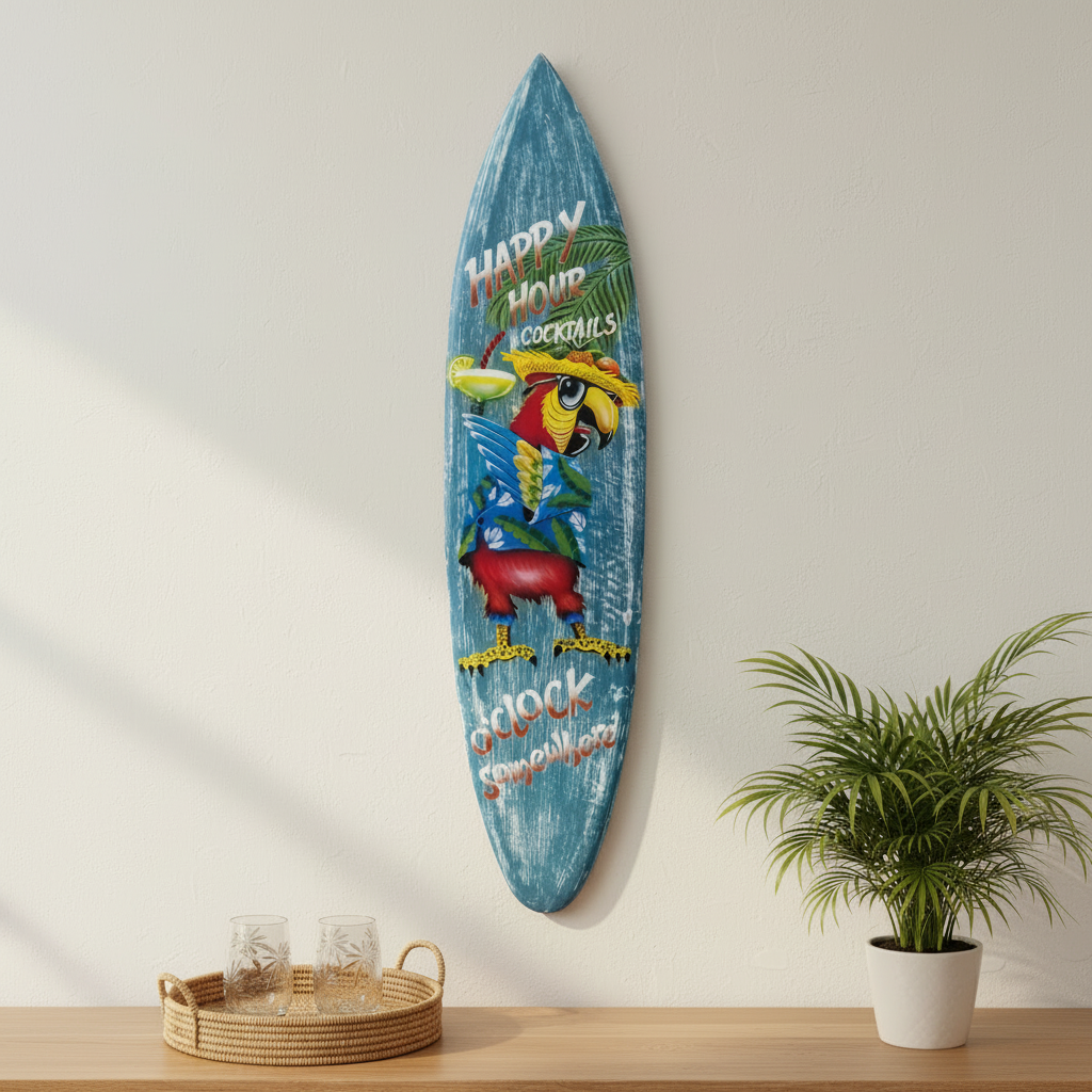 Blue painted board featuring a colourful parrot in tropical clothing, mounted above a timber sideboard with a woven tray and palm plant