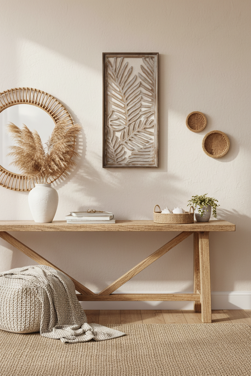 Fern palm leaf wall art panel in natural wash finish styled in a boho coastal room with rattan and pampas grass