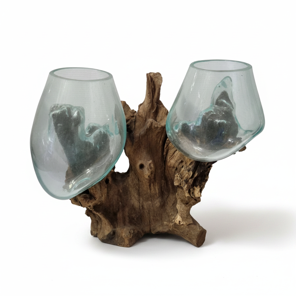 Two aqua glass bowls fused onto natural driftwood base on clean white background