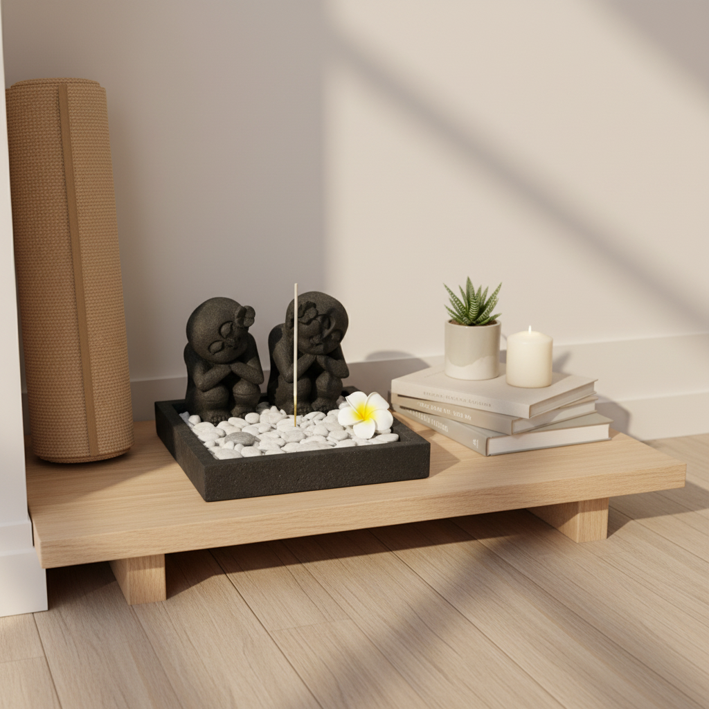 Two black stone sister figures on a square black base filled with white pebbles and river stones, one incense stick upright and a frangipani flower, styled on a low timber shelf with a rolled yoga mat, small succulent, stacked books and a white pillar candle