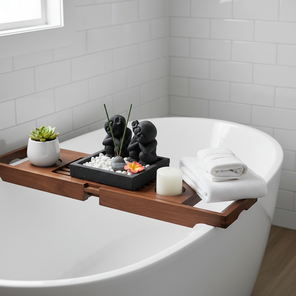 Two black stone sister figures facing each other on a square black base filled with white pebbles and river stones, one incense stick upright and a frangipani flower, styled on a timber bath caddy over a freestanding white bathtub