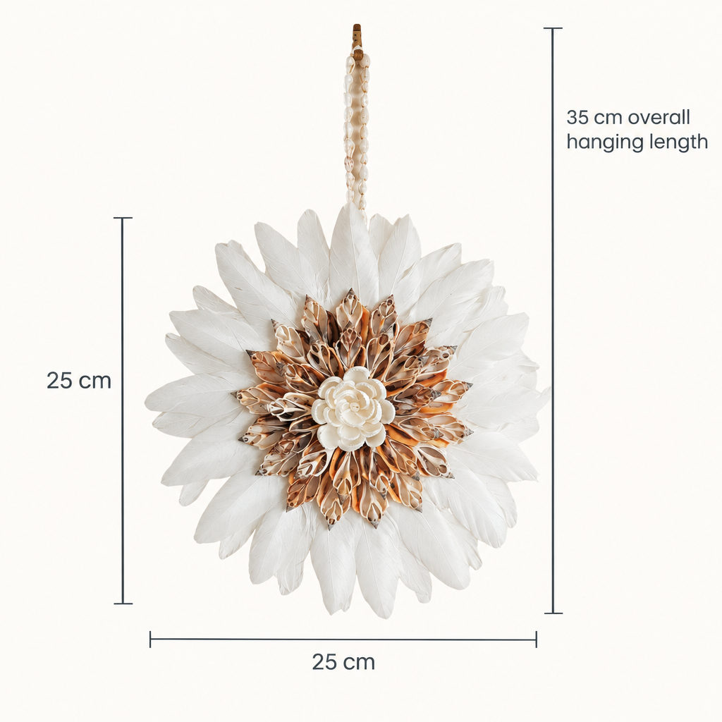 ornament with a brown orange and white beaded center and hanging loop, shown with dimension lines and text indicating 25 cm width, 25 cm height, and 35 cm overall hanging length on a light background.