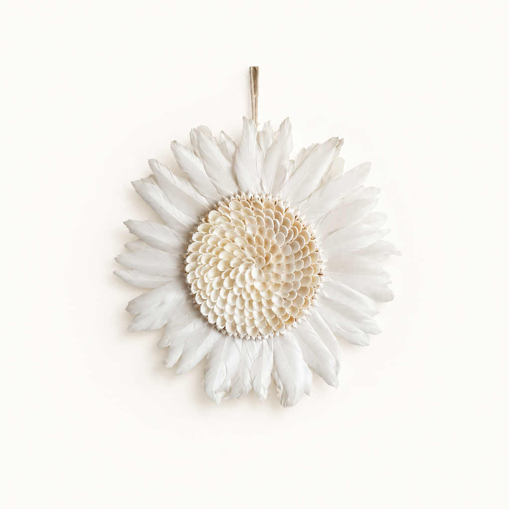 Juju Hat White Design with layered white feathers and a textured shell centre on a pale background