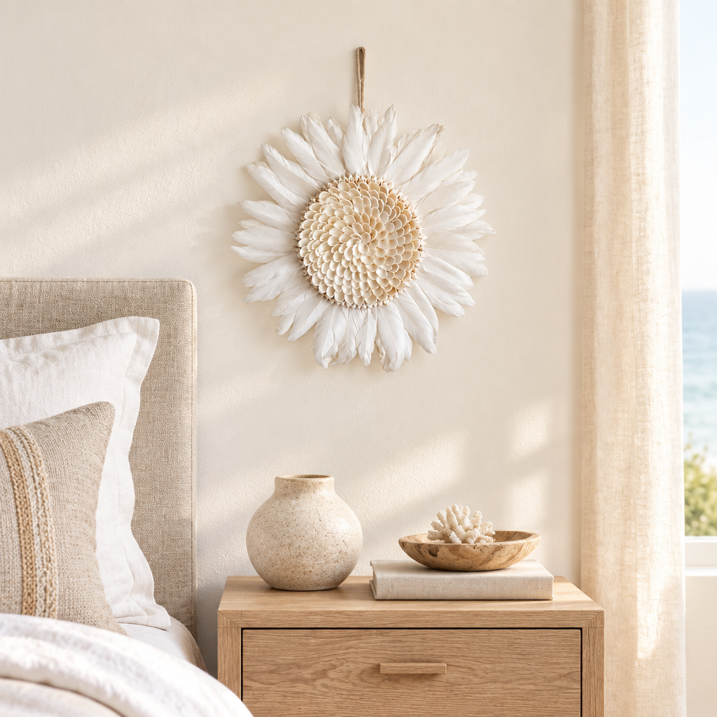 White feathered circular wall decoration above a timber bedside table in a calm coastal bedroom
