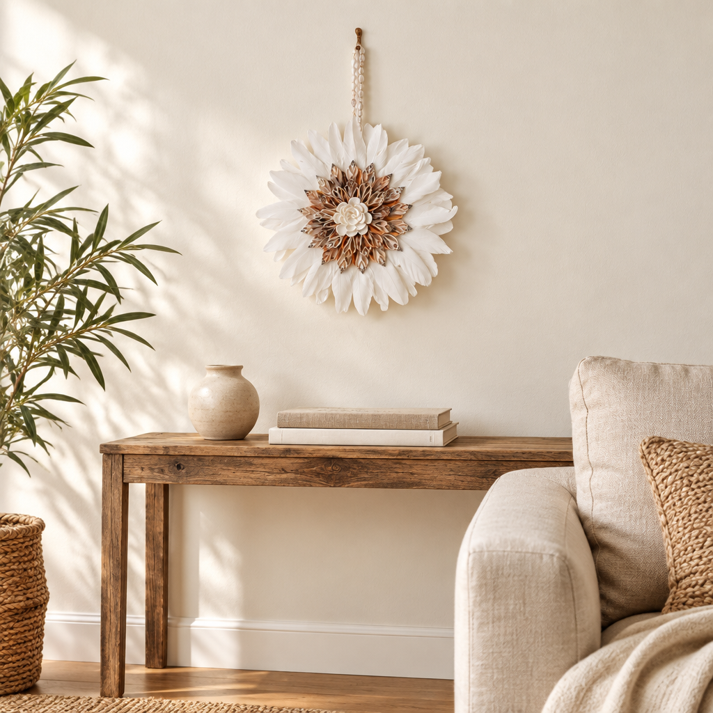 White feather and shell wall hanging above a timber console in a coastal living room