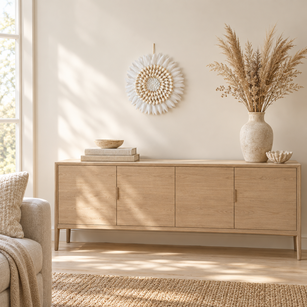 JUJU Hat Spiral Design Natural hanging above an oak sideboard with dried grasses and books in a bright living room