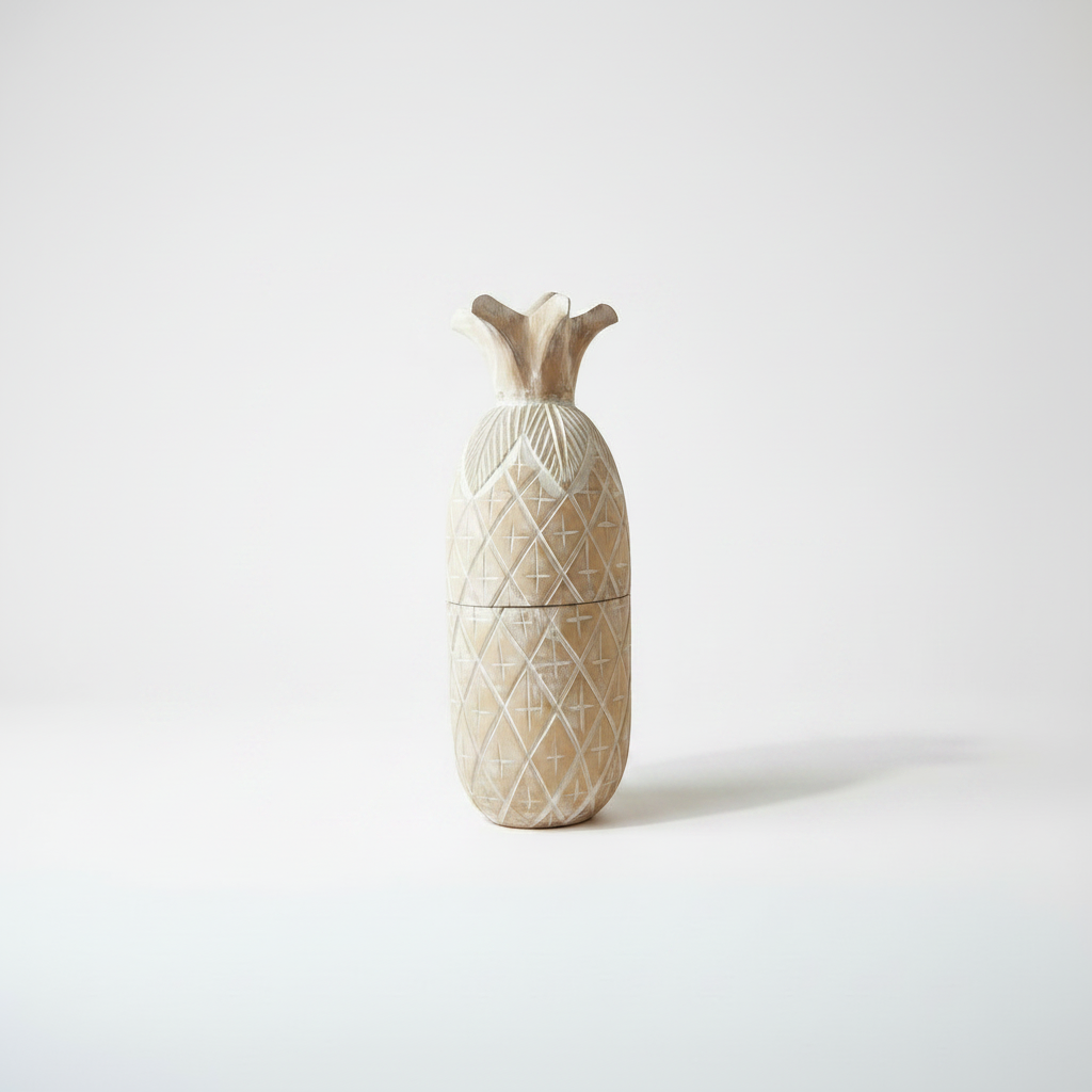 A decorative pineapple-shaped container or vase made of light natural wood with carved geometric diamond patterns, set against a plain white studio background.