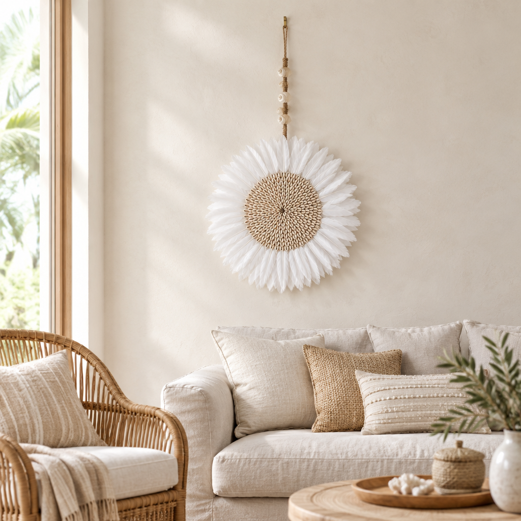 White feather wall hanging on a plain background with measurement lines showing a 37cm disc and 65cm total drop.