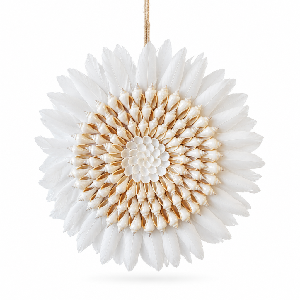 White feather wall hanging with dense rings of natural cone shells around a carved flower centre on a white background