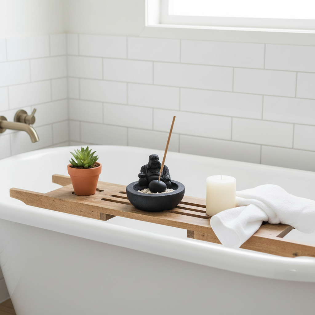 Black stone Laughing Buddha figure with round belly on a white pebble bowl with an scented stick, styled on a timber bath caddy over a freestanding white bathtub with a green plant and white candle