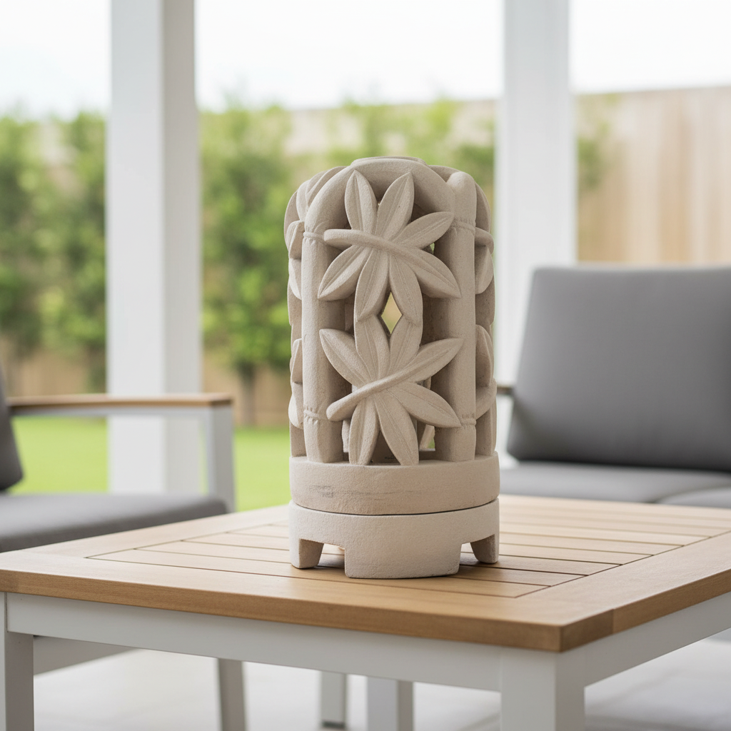 A carved wooden decorative lantern with a natural beige finish sits on a wooden patio table in front of a modern outdoor sofa.
