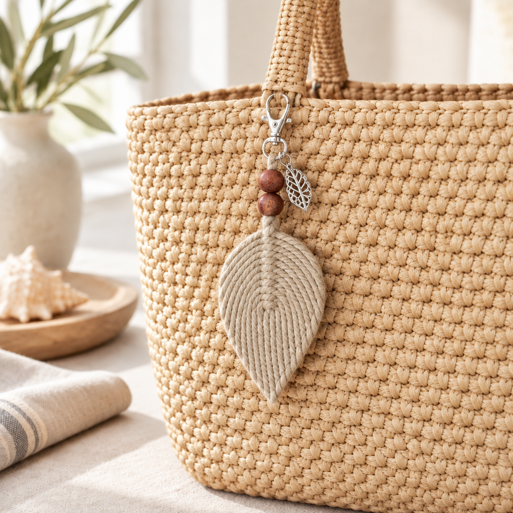 A woven straw tote bag in a warm beige tone, featuring a large rope-embroidered leaf charm with a silver clasp and small wooden beads, set against a softly blurred coastal home background.