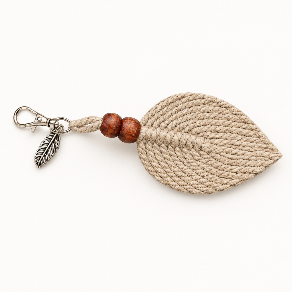 A leaf-shaped keychain made of natural beige rope, featuring two brown wooden beads, a silver metal lobster clasp, and a small silver feather charm, shown on a plain white background.
