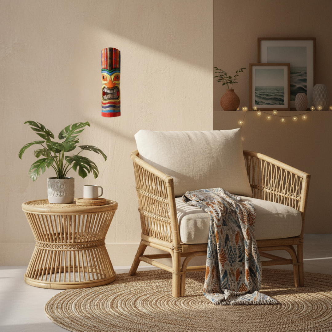 Red and brown striped wooden tiki mask with yellow face and orange nose, displayed as a small 50cm wall accent in a coastal tropical interior with rattan furniture