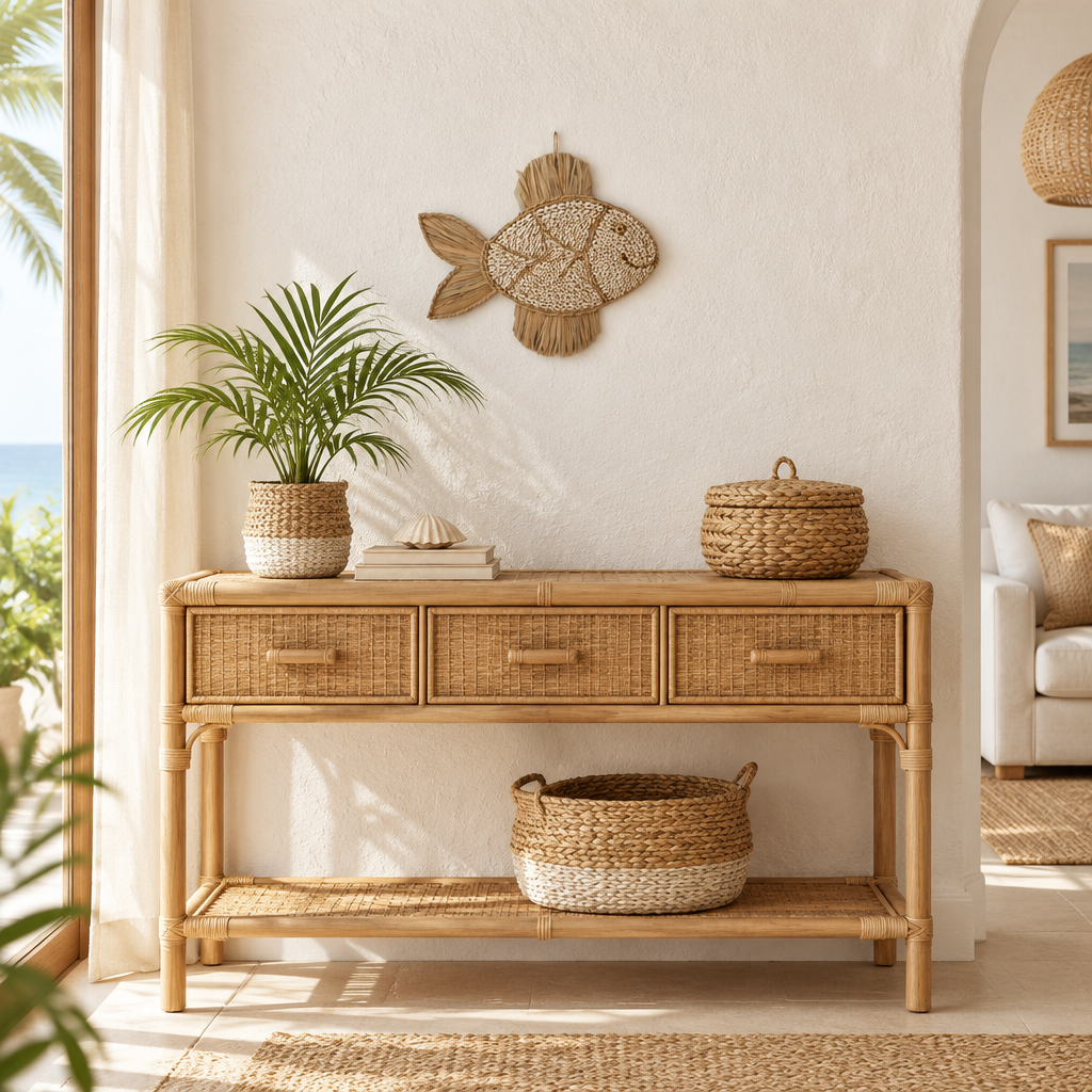 boho style home furniture set with a coastal style wall art fish shell artwork 