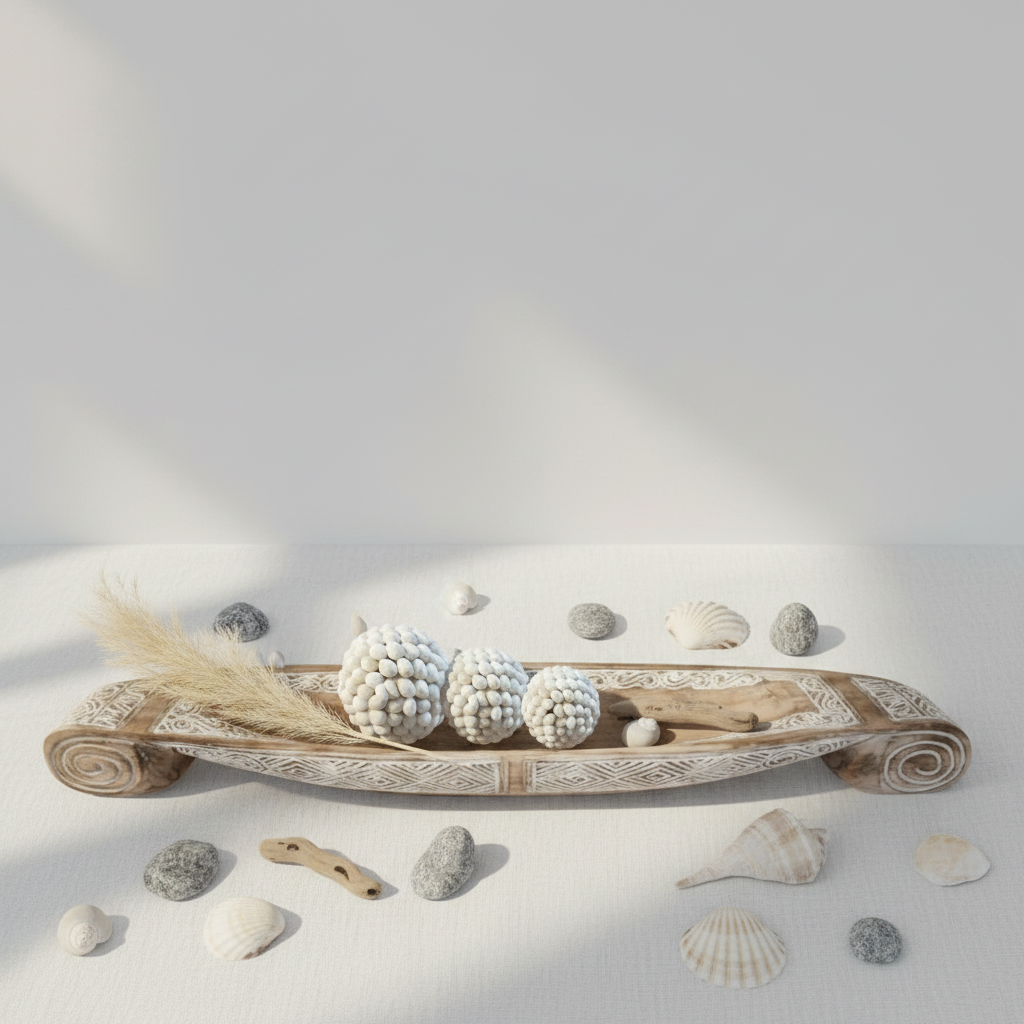 Longboat tray — coastal flat lay overhead