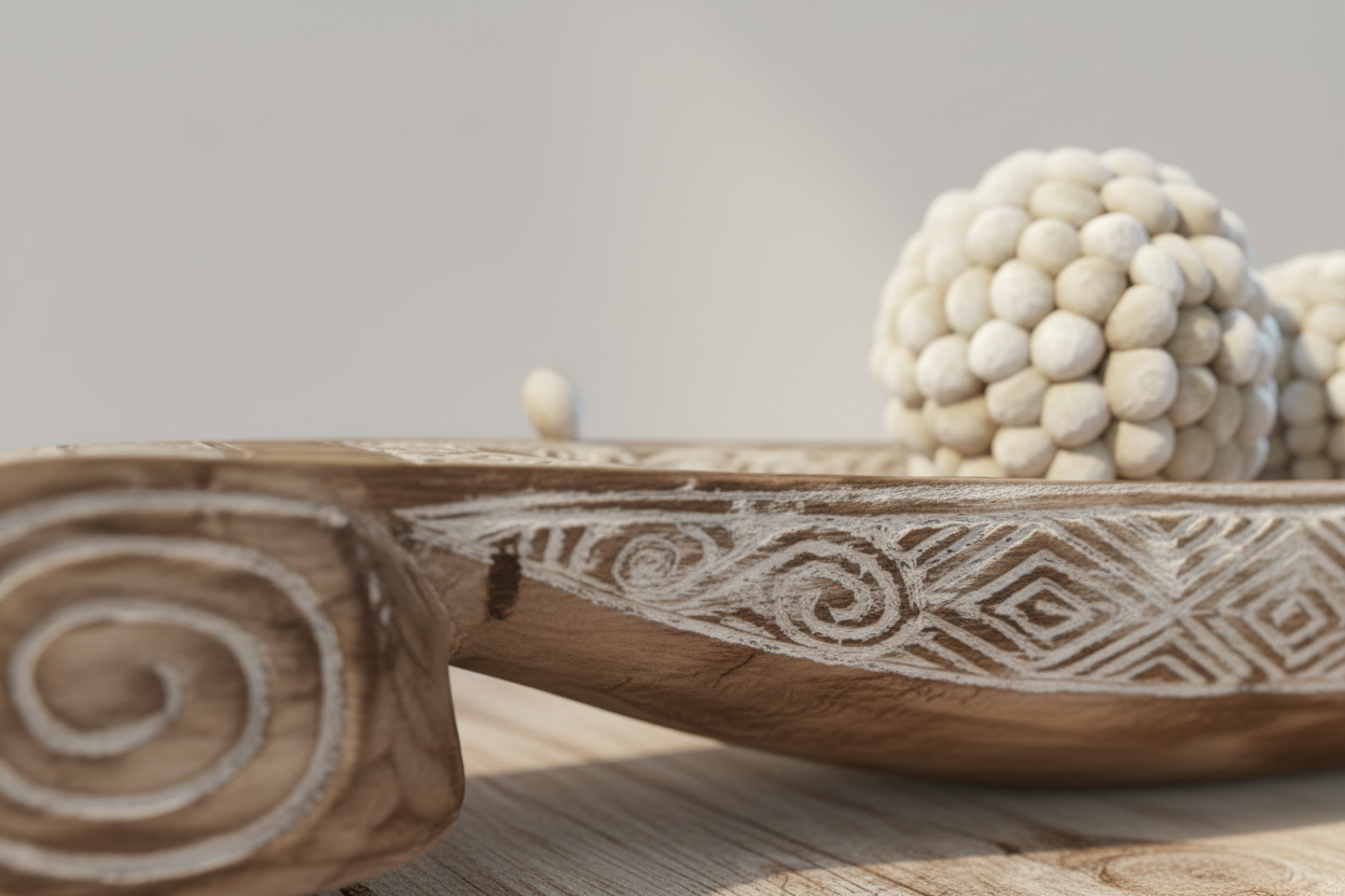 Longboat tray — tribal carving detail shot