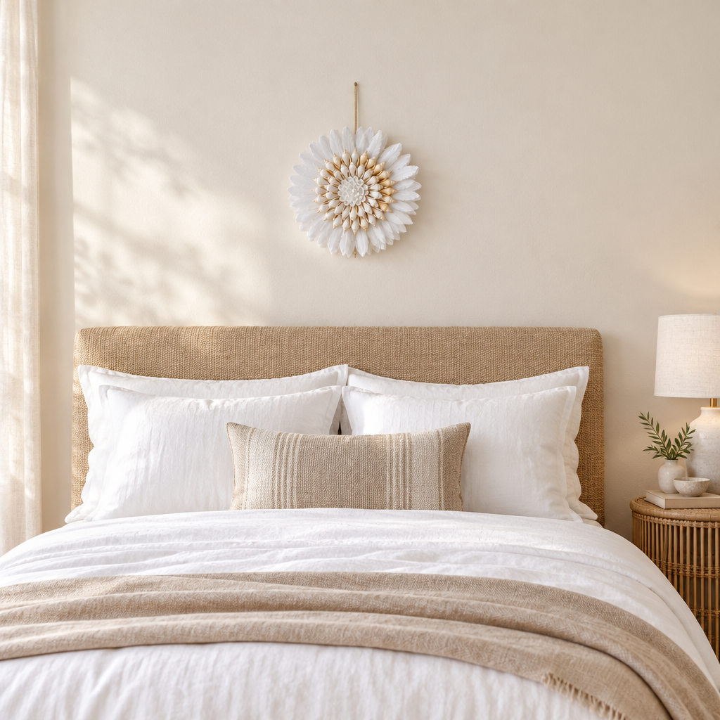 Juju hat shell wall hanging above a white linen bed with a rattan bedside table"