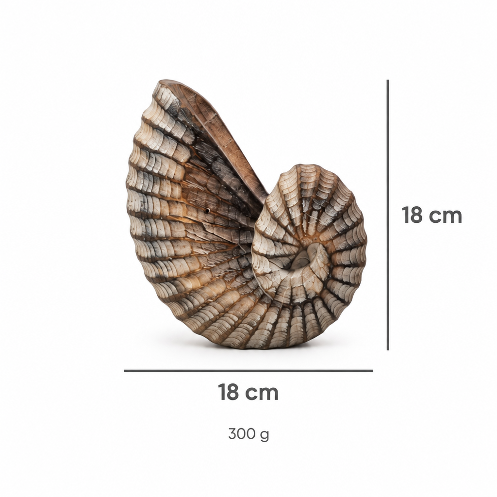 A spiral ammonite-style shell specimen shown on a white background with measurement lines and text indicating 18 cm width, 18 cm height, and 300 g.