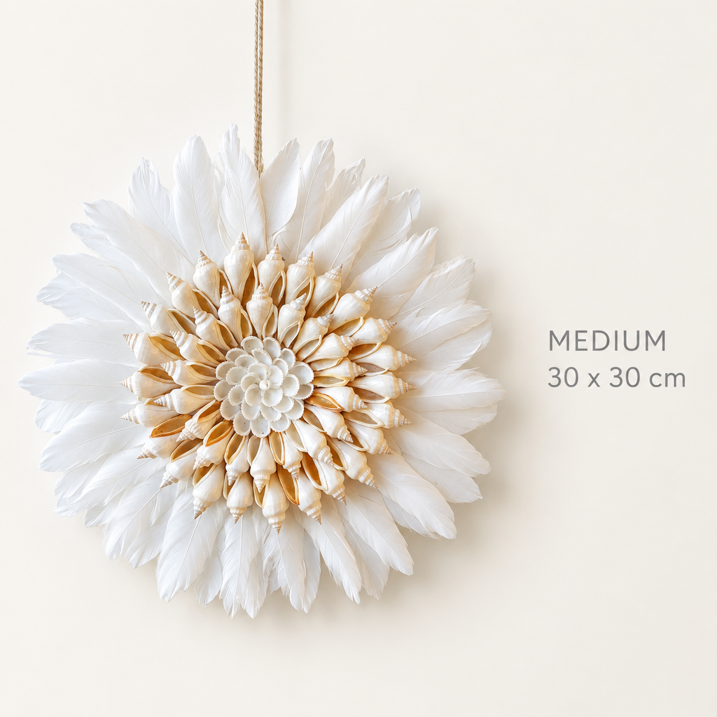 Medium 30cm spiral shell wall hanging with two rings of cone shells and white feathers