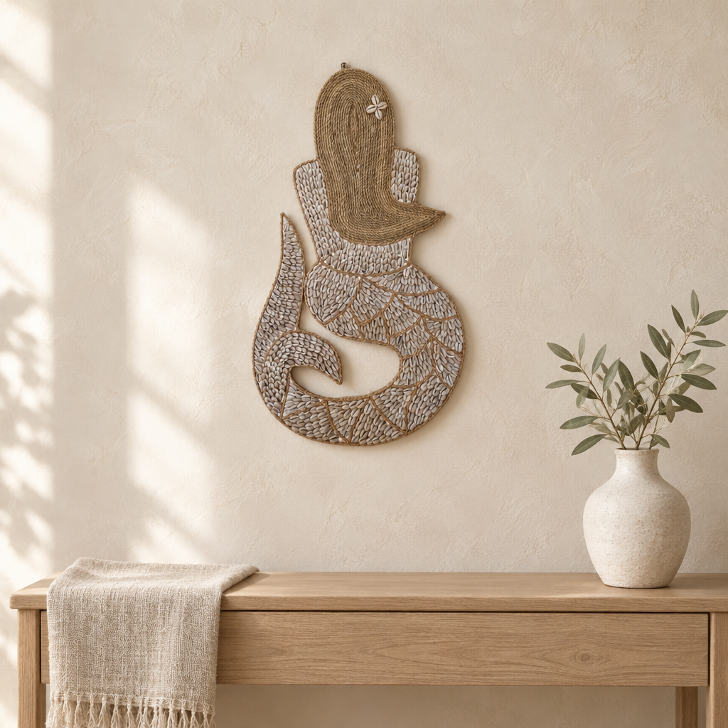 Curled-tail decoration with woven jute detail on a pale wall above a light timber console