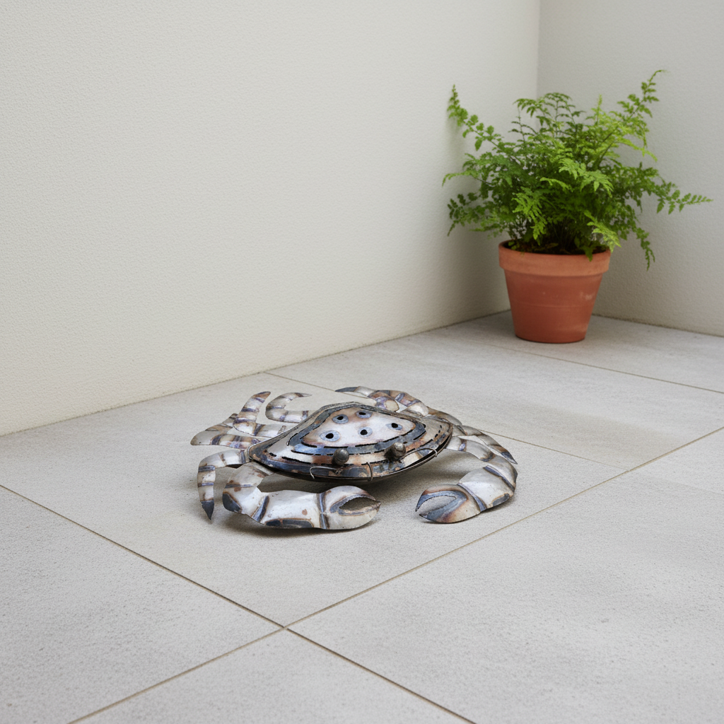 Silver-toned metal ornament resting on pale tiles in a covered patio corner
