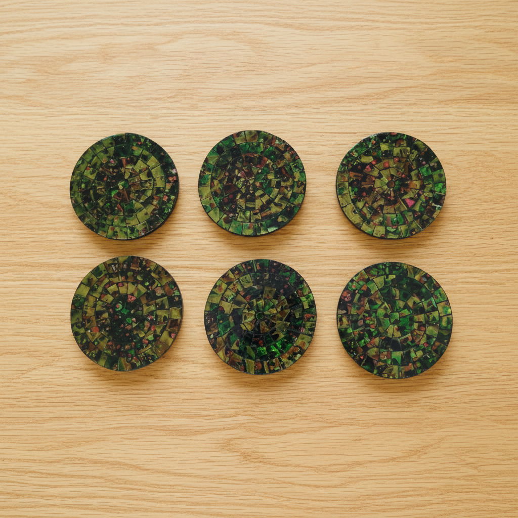 Six iridescent dark green and bronze tile drink coasters arranged in two rows on a timber surface, showing the handcrafted mosaic detail