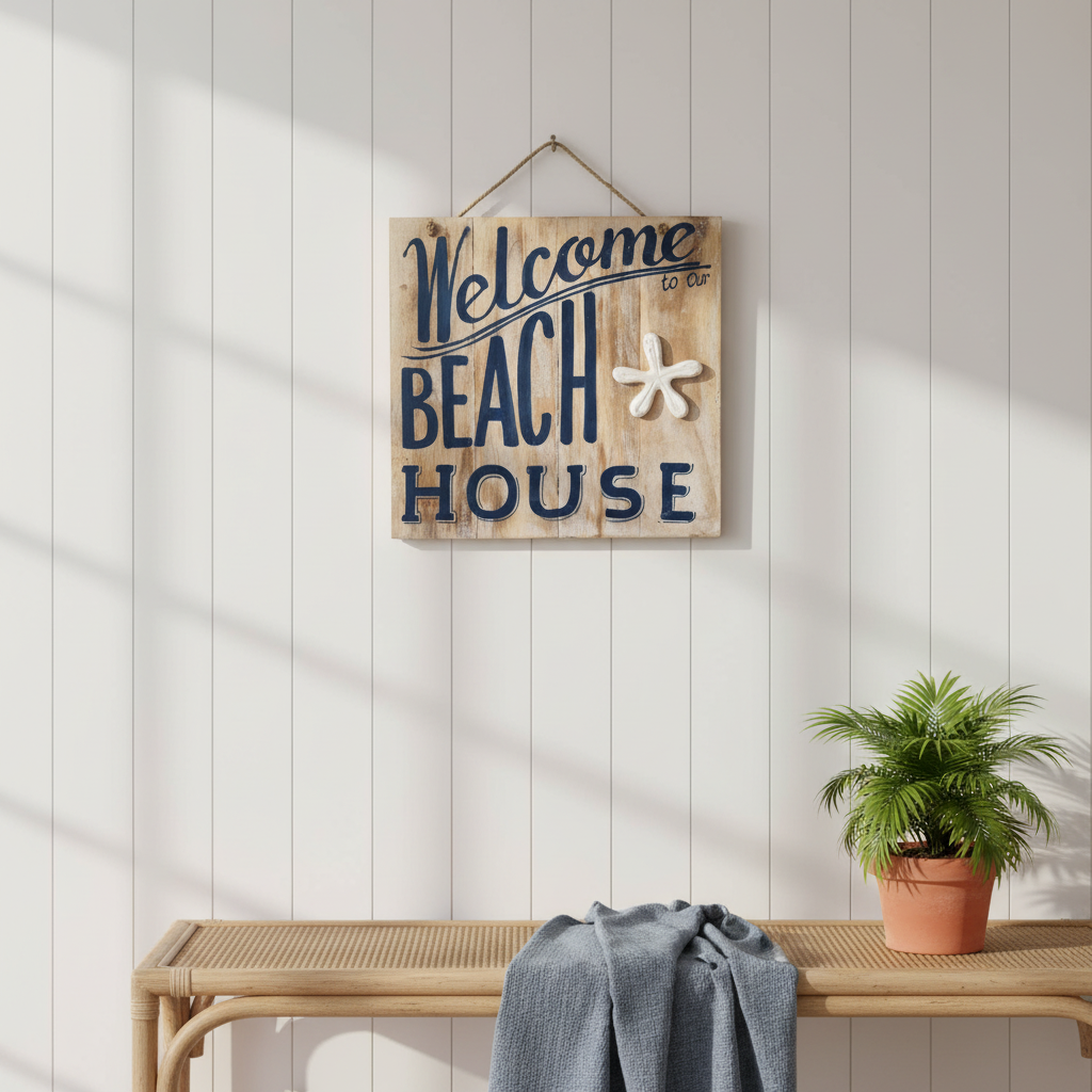 Welcome Beach House Sign with navy lettering on natural timber hanging against white panelled walls