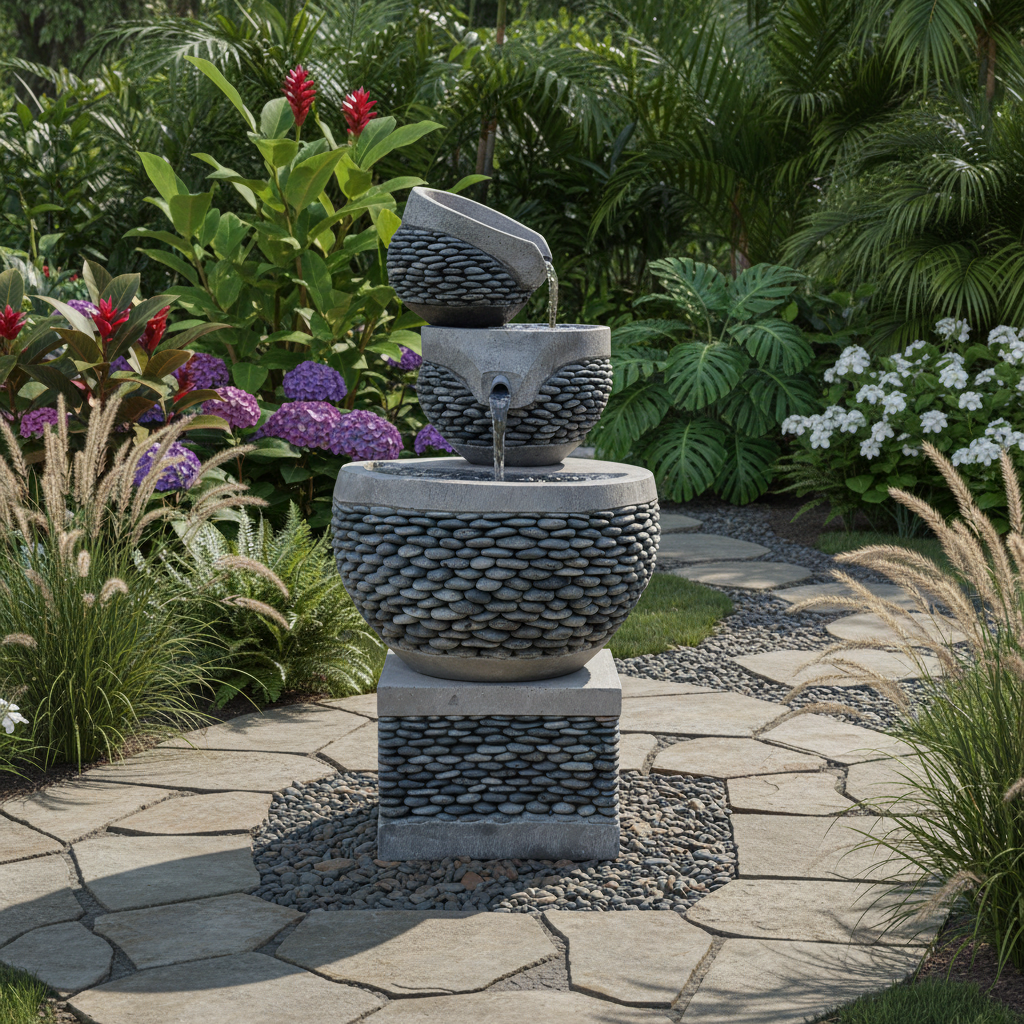 Stack pebble garden piece set and styled in a lush cottage garden with stone wall backdrop