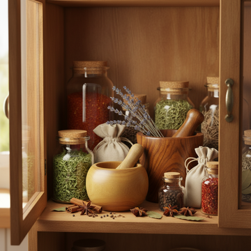 Pestle & Mortar styled in kitchen cabinet