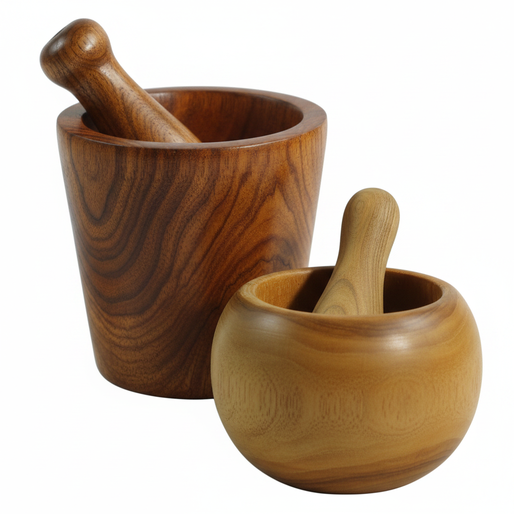 Pestle and mortar wooden kitchen tools — two handcrafted teak wood sets with pestles, showing contrasting dark and light natural grain tones on a white background