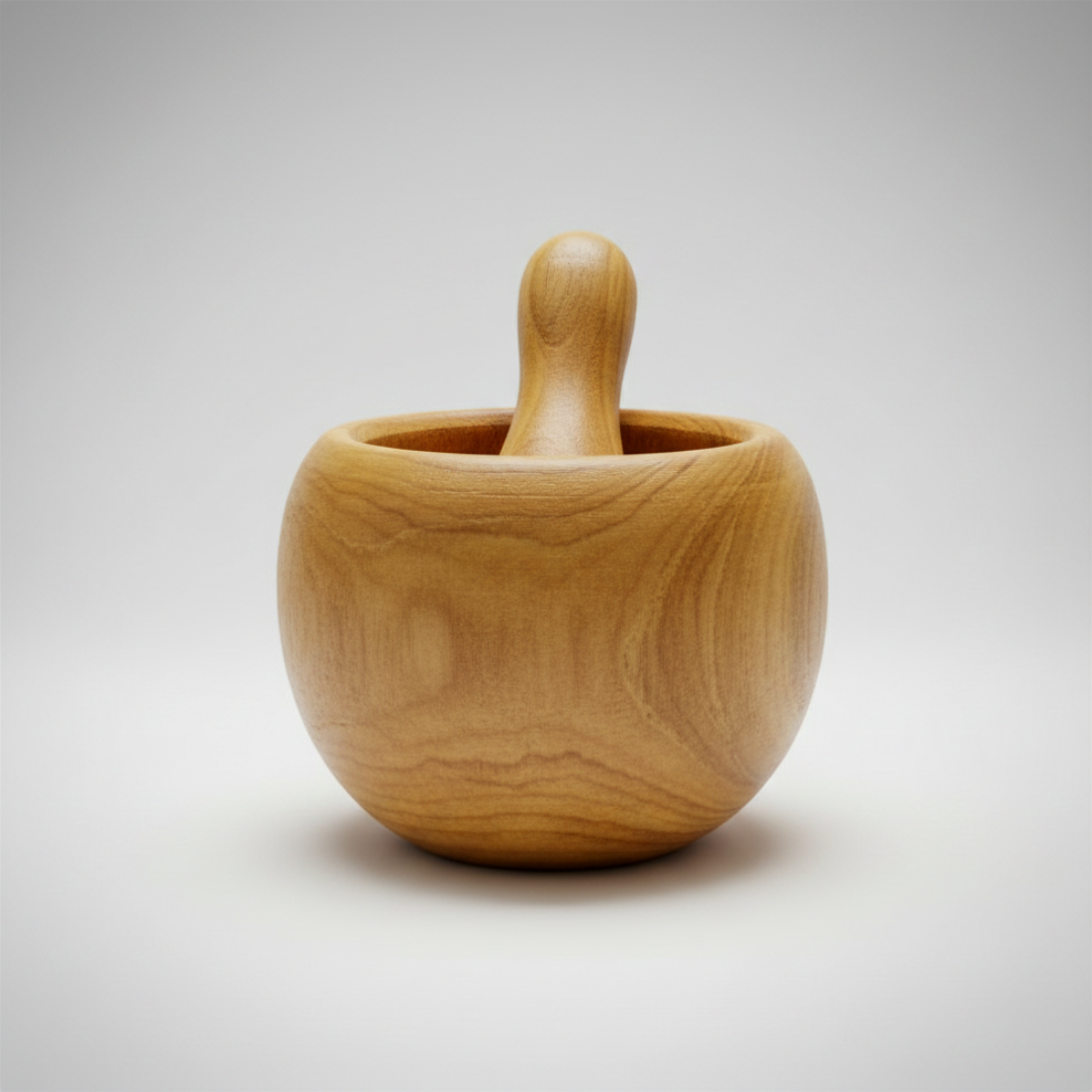 Round light teak wood mortar and pestle with smooth finish and natural grain detail, photographed on a soft grey gradient background