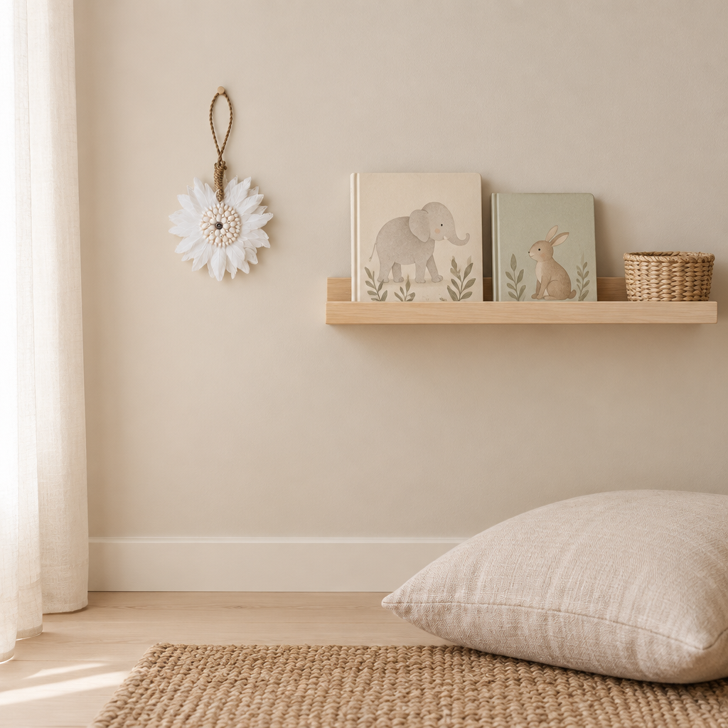 
Nursery image: Small white feather and shell decoration displayed beside a timber picture ledge in a neutral nursery nook.

